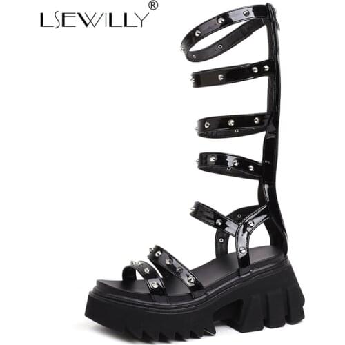 Lsewilly 2021 New Women Gladiator Roman Sandals PU Leather Open Toe Knee High Rivet Leisure Sandals Boots Wedge Heel Shoes