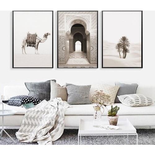 Moroccan Arch Painting Islamic Camel Desert Cactus Landscape Poster Wall Art Canvas Print Sepia Modern Home Decoration Picture