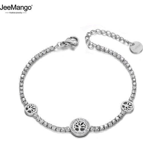 JeeMango Trendy Clay Rhinestone Love Tree Charm Bracelets For Women Stainless Steel CZ Crystal Chain Bracelet For Women JB19136