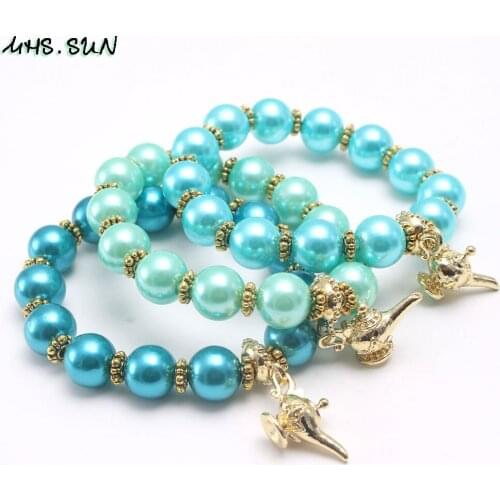 MHS.SUN Fashion Kids Girls Chunky Pearl Beads Bracelet Jasmine Bubblegum Beaded Bracelet With Cute Pendants For Children Jewelry