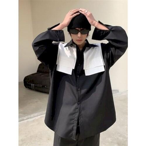 Stitching black white men shirt loose Korean fashion simple street chic long-sleeved large size mens aesthetic clothing blouse