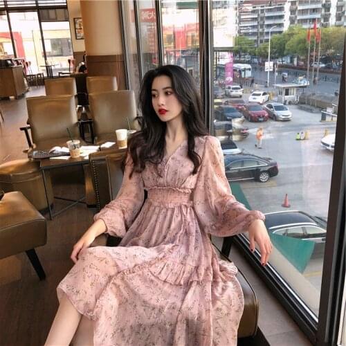 Summer New Women Casual V-Neck Ruffles Long Sleeve Dress Korean Version Elegant Fairy Long Dress Floral Print Chiffon Slip Dress