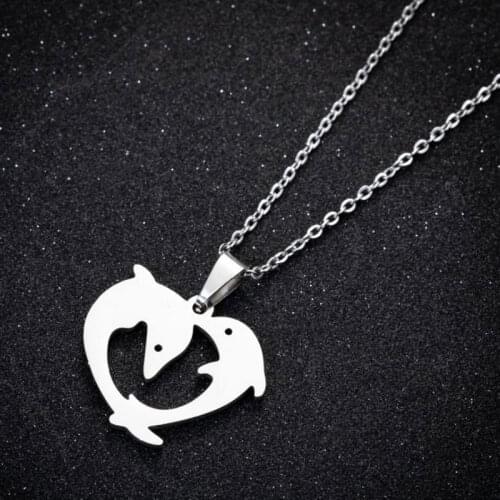 1pc Korean Dolphin Lovers Stainless Steel Pendant Necklace Love Heart Charms Necklaces For Women Men Adventure Party Gift
