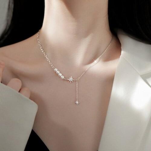 Zircon Star Pendants Necklaces For Women Shell Pearl Strand Charm Asymmetry Clavicle Chain Luxury Female Neck Jewelry New Trendy