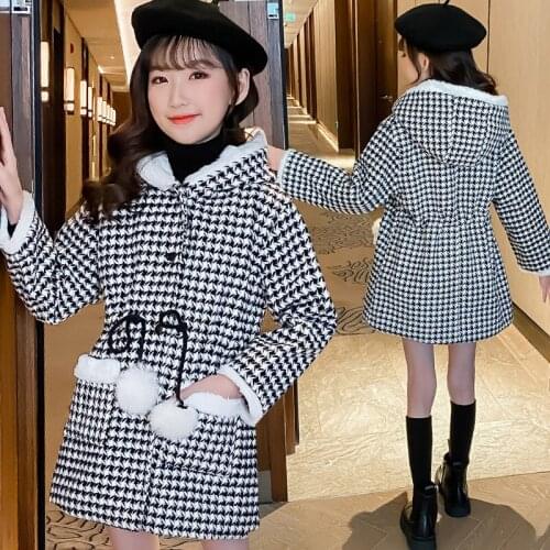 Girl Woolen Jacket Plaid Lattice Warm clothing Toddle girls wool Hooded Coat Winter Autumn winter Windbreaker Overcoat Clothes
