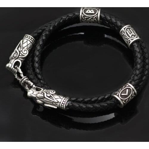 Nordic Viking leather bracelet viking beads Dragon head bracelet silver Viking jewelry men fashion gifts