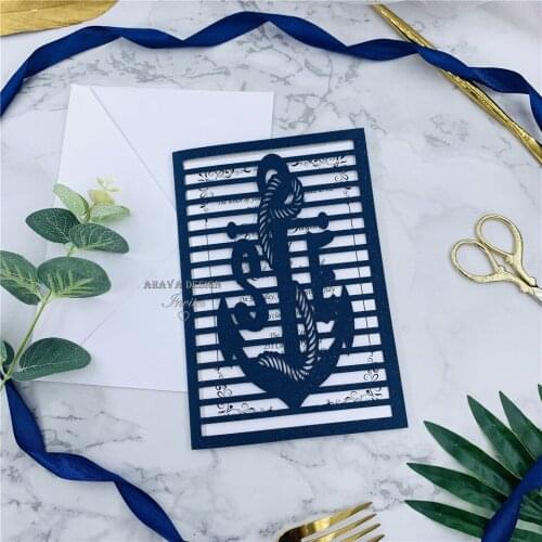 Special Laser Cut Pocket Navy Wedding Invitation Suite, Quinceanera Invites, DIY Beach Wedding Invitation