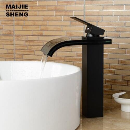 Bathroom glass waterfall faucet black glass bathroom faucet basin mixer waterfall sink tap tall black waterfall faucet