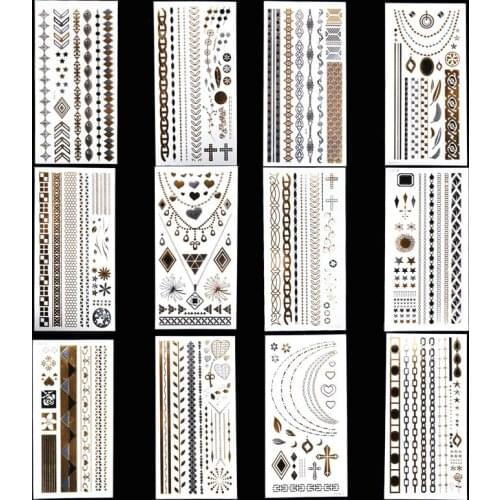 12pcs Event party stickers 10x20cm temporary tattoos silver gold body bracelet head jewelrey tattoo for birthday beach holiday