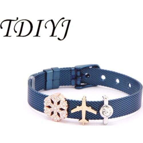 TDIYJ Winter Snowflake Travel New Collection Charms Blue Stainless Steel Mesh Bracelet Women Men Jewelry 1Set