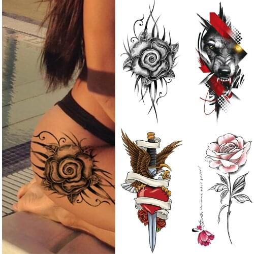 Waterproof Temporary Tattoo Sticker Flowers Flash Tattoos Flowers Rose Wolf Body Art Arm Fake Sleeve Tatoo Women