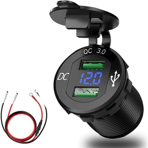 Quick Charge 3.0 Dual USB Charger Socket Outlet Charger Digital Waterproof Voltage Display For Aluminum 12V/24V Car Motorcycle