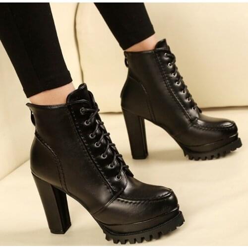 PU Leather Platform Ankle Strap Boots High Heels Womens Zipper Spring Autumn Shoes Womens Chaussures Femme Motorcycle Boots