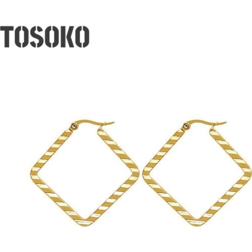 TOSOKO Stainless Steel Jewelry Geometric Square Stripe Earrings Womens Fashion Personality New Year Earrings BSF382