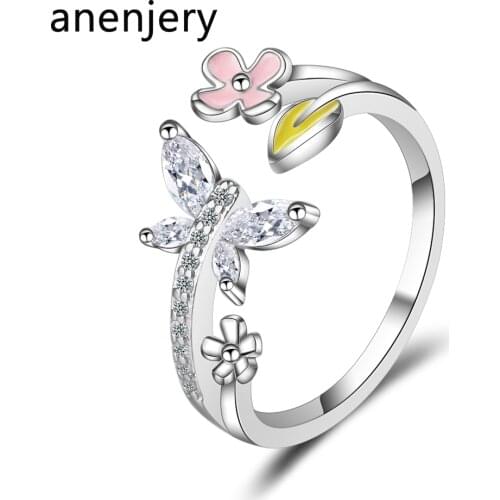 ANENJERY 925 Sterling Silver Sweet AAAAA Zircon Butterfly Love Flower Rings For Women Gift 17mm Adjustable Bague S-R386