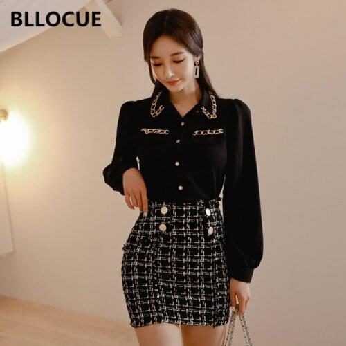BLLOCUE 2020 Spring Elegant Women 2 Piece Set Lantern Sleeve Black Chiffon Shirt Top+Tweed Plaid Double-Breasted Mini Skirt Suit