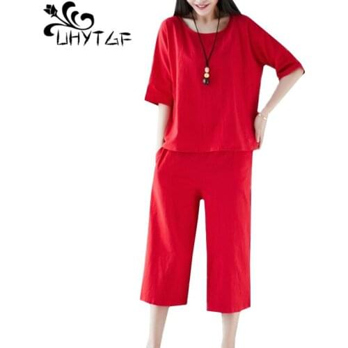 UHYTGF Oversized spring 2 piece set women Cotton and linen loose short-sleeved pullover tops and pants sets tracksuit women 1413