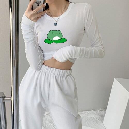 Frog 90s Fashion Crop Top Long Sleeve Shirt Cotton Sweatshirt Aesthetic Tight T Shirt Joggers Women Suits Drawstring Sweatpants