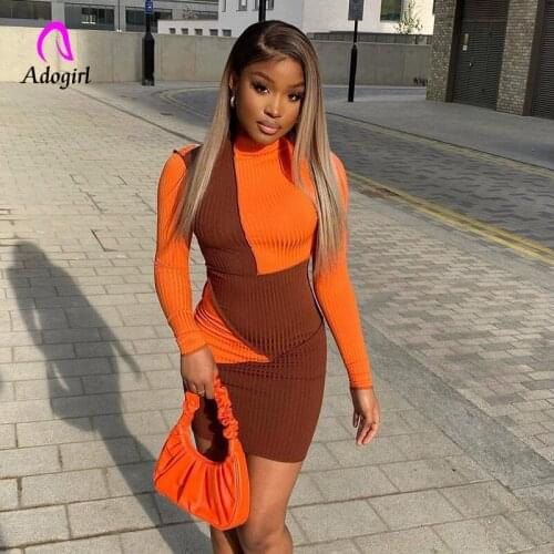 Ribbed Knitted Women Autumn Long Sleeve Color Block Stitching Bodycon Package Hip Mini Dress 2021 New Female Club Party Vestidos