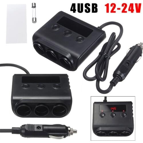 1pc 12V/24V 10A Car Adapter 3-way Cigarette Lighter Distributor 4 USB Ports Red LED Voltage Indicator Light For Truck Auto SUV