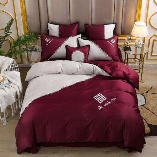 4Pieces wine red,blue,Khaki Queen King size Bedding set 60S Egyptian Cotton Soft Bedsheet set embroidery Duvet cover Pillowcase