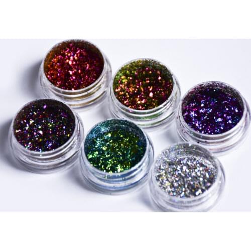 6jars Chameleon Flake Color-Changing Mirror Chrome Pigment Multi-Colors Chrome Nail Flakes Galaxy GLITTER Collection