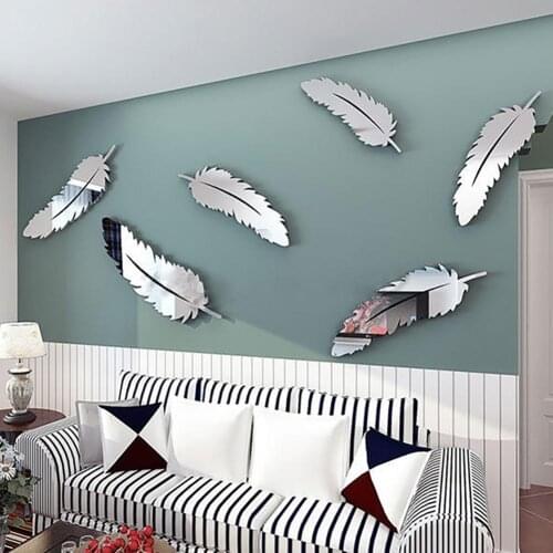8pc 3D DIY Mirror Wall Sticker feather Self Stickers Decal Living Room Home Decor Creative Wall Decoration