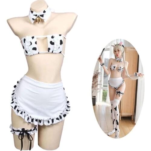 Anime Milk Cow Maid Lingerie Set Sexy Cosplay Costume Cute Underwear Bra and Panty Stockings Apron Bikini Set Exotic Apparel