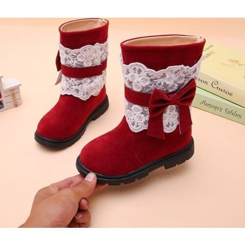 ChildrenS Fashion Bow Suede Lace Sneakers Girl Winter Shoes For Kids Girl Snow Warm Plush Boots Australian Boots 3-12 Years