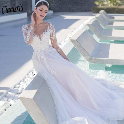 Elegant V-Neck Long Sleeve A-Line Wedding Dresses Floral Lace Appliques See Through Back Beach Bridal Gowns