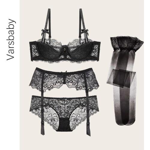 Varsbaby sexy thin cotton push up lingerie half cup lace underwear set bra+panties+garter+stockings 4 Pcs female bra set