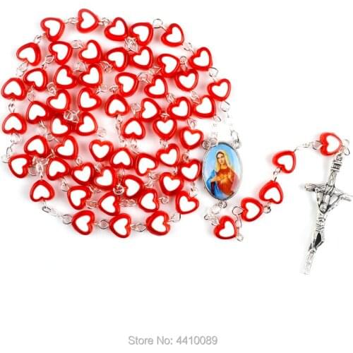 Red Women Rosary Christian Beads Plastic Rosary Necklace Catholic Heart Mary Center Medals