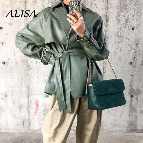 New Women Biker Moto Faux Leather Jacket Spring Autumn Long Sleeve Bandage Leather Coats Ladies Streetwear Green Outwear