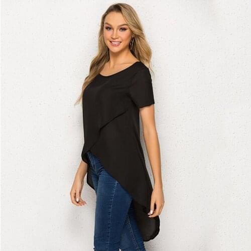 Summer Shirt Round Collar Front Short Back Long Short Sleeve Shirt Casual Loose Tops T-Shirt For Women Fashion