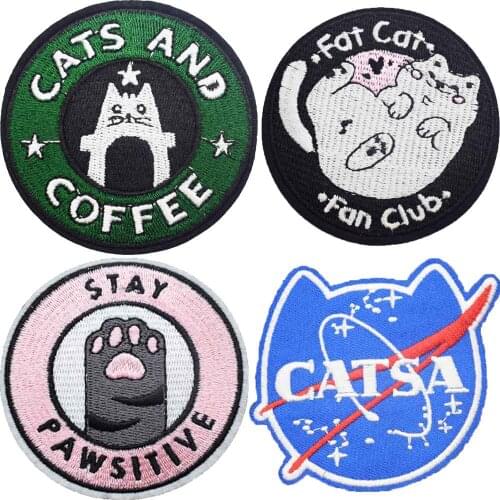 Blinking Round Pink Coffee Cat Stay Pawsitive Cute Dog Animals Iron On Embroidered Clothes Patches For Boys Girls Kids Clothing
