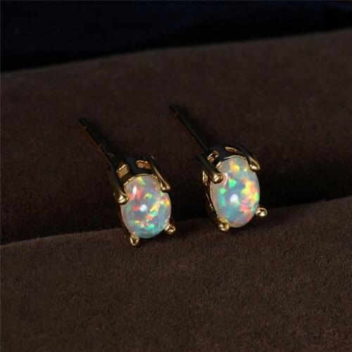 Mystic Rainbow Fire Opal Earrings Cute Tiny Stud Earrings White Blue Small Oval Birthstone Vintage Gold Color Earrings For Women