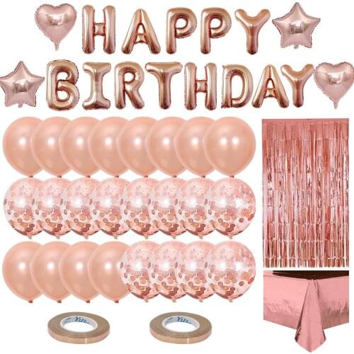 Rose gold happy birthday balloon set rain silk tablecloth balloon set golden blue pink birthday party decoration balloon set