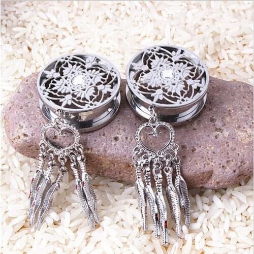 NEW Arrival Pair Stainless Steel Tassel Dream Catche Crescent Plug Helix Danger Ear Tunnel Expander Gauges Body Jewelry