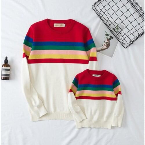 Family Matching Sweater Children Candy Color Sweater Spring Autumn Sweatshirt Mom and Daughter Striped Sweaters Matching Outfit