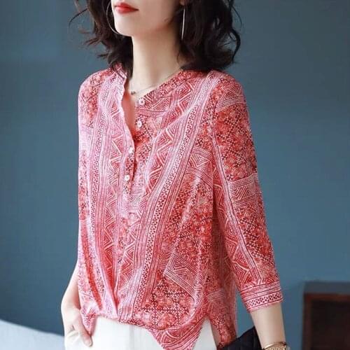 Womens Spring Summer Style Chiffon Blouse Shirt Womens Elegant V-neck Printed Long Sleeve Casual Slim Tops DD8418
