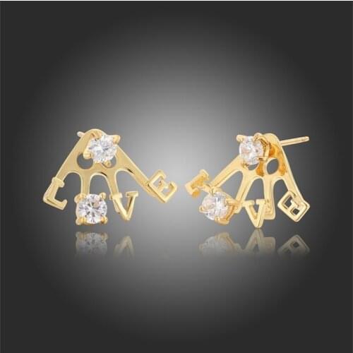 Gold Color Ear Jacket Front And Back Double Side Letter LOVE with Solitaire Round CZ Stud Earrings Jewelry For Girls
