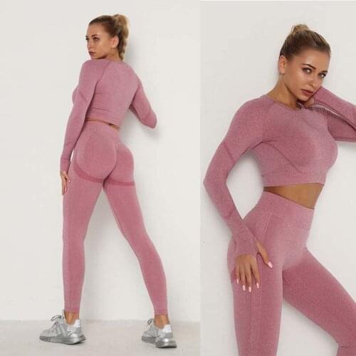 Vital Women Sport Suit Yoga Set Gym Workout Clothes Long Sleeve Fitness Crop Top High Waist Seamless Leggings Sports Suits