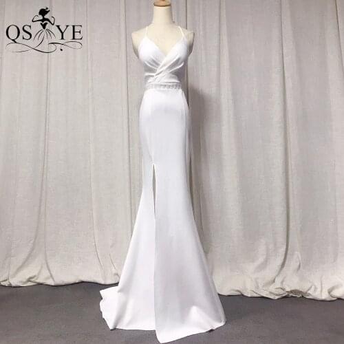 White Evening Dresses Mermaid Long Prom Gown Ruched Sexy V Bride Dress Women Crystal Beading Sash Party Dress Shoulder Straps