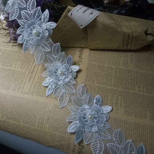 1 yards Light Blue Pearl Flower Leaf Handmade Beaded Embroidered Lace Edge Trim Ribbon Applique Wedding Dress Sewing Craft