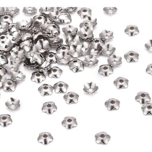 5-Petal 316 Stainless Steel Bead Caps, Stainless Steel Color, 4x1mm, Hole: 1mm