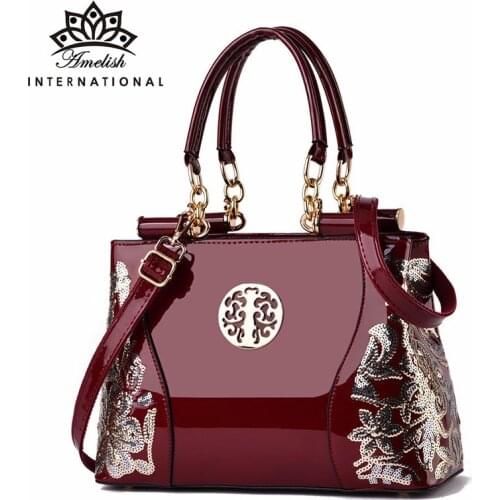 AMELISH Luxury Brand Designer Women Bags Floral Embroidery Chinese Style Patent Leather Large Business Office Shoulder Handbag