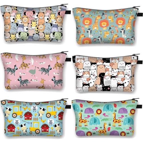 Cartoon Animal Print Cosmetic Case Kawaii Puppy Dog Elephant Lion Makeup Bags Women Toiletries Bag Handbag Girls Cosmetic Bag