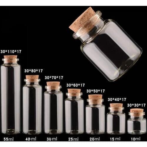 1pcs 10/15/20/25/30/40/50/55/60ml Clear Glass Bottles Vials Jars with Cork Stopper DIY Wedding Home Decor Storage Jars Container