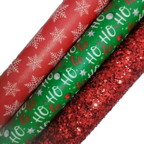 Christmas Red Glitter leather, Snowflakes Printed Synthetic Leather Faux Fabric Sheet For Bows Earrings 21x29CM KM601