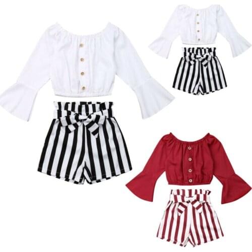 Toddlers Kids Girls Autumn Clothing Set Fashion Baby Girl Long Sleeve Off-shoulder T-shirt+Striped Short Pants Belt Outfit Set